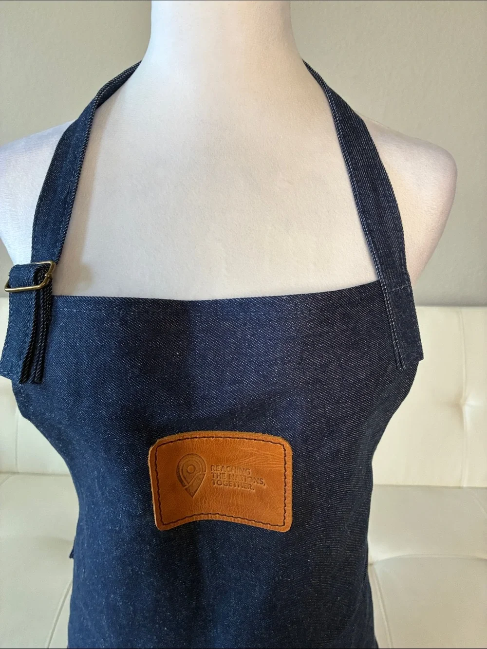 Premium Denim Apron with Brown Leather Pocket - Picture 4 of 11